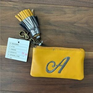 Yellow Leather Pouch with Tassel Keychain
